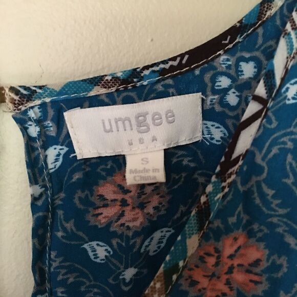 Umgee peasant boho open back brown & blue blouse - Picture 2 of 8